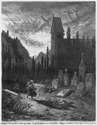 El judío errante en el cementerio, grabado por Octave Jahyer